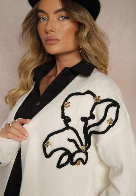 Jasnobeżowy Kardigan Nierozpinany z Kieszeniami i Cekinami Firizelle