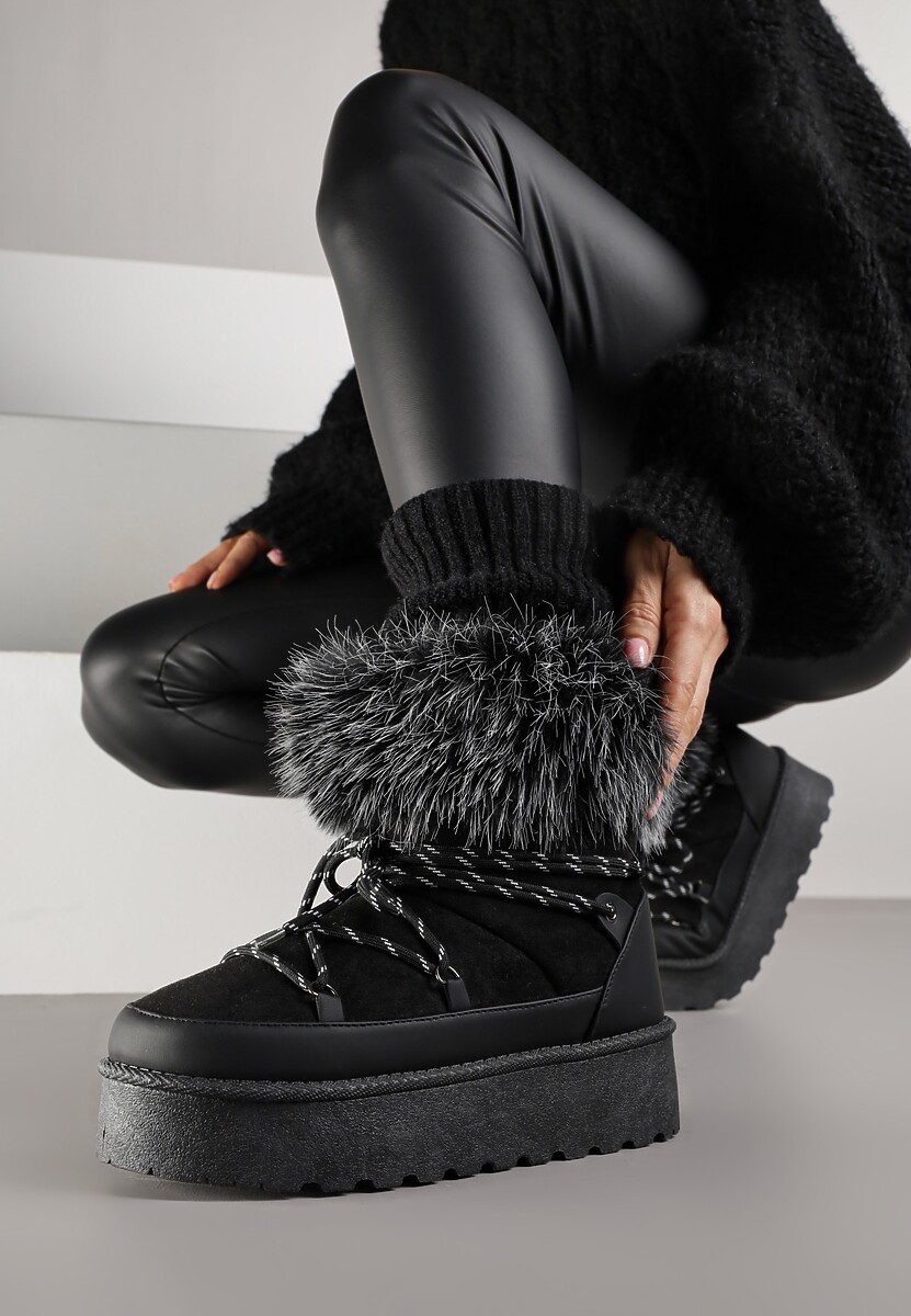 Czarne Śniegowce na Platformie Ozdobione Futerkiem Teswena