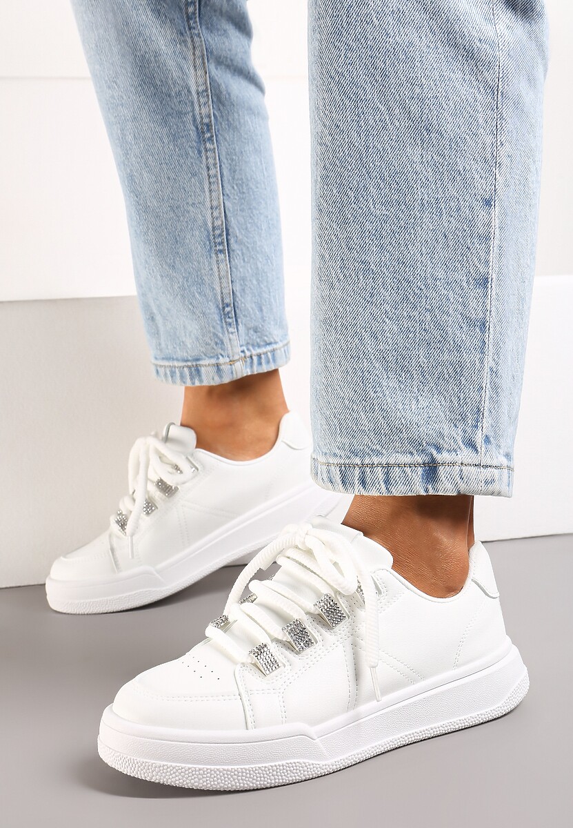 Białe Sznurowane Sneakersy z Ekoskóry z Detalami z Cyrkoniami Falenc
