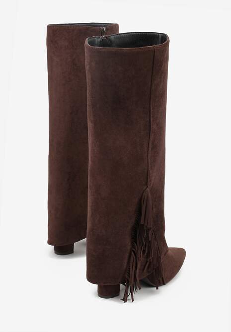 Brązowe Kozaki na Słupkowym Obcasie z Cholewką Imitującą Nogawkę z Frędzlami Linafela