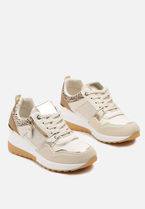 Beżowo-Brązowe Sneakersy na Niewysokim Koturnie Ozdobione Suwakiem i Wstawkami Liorrama