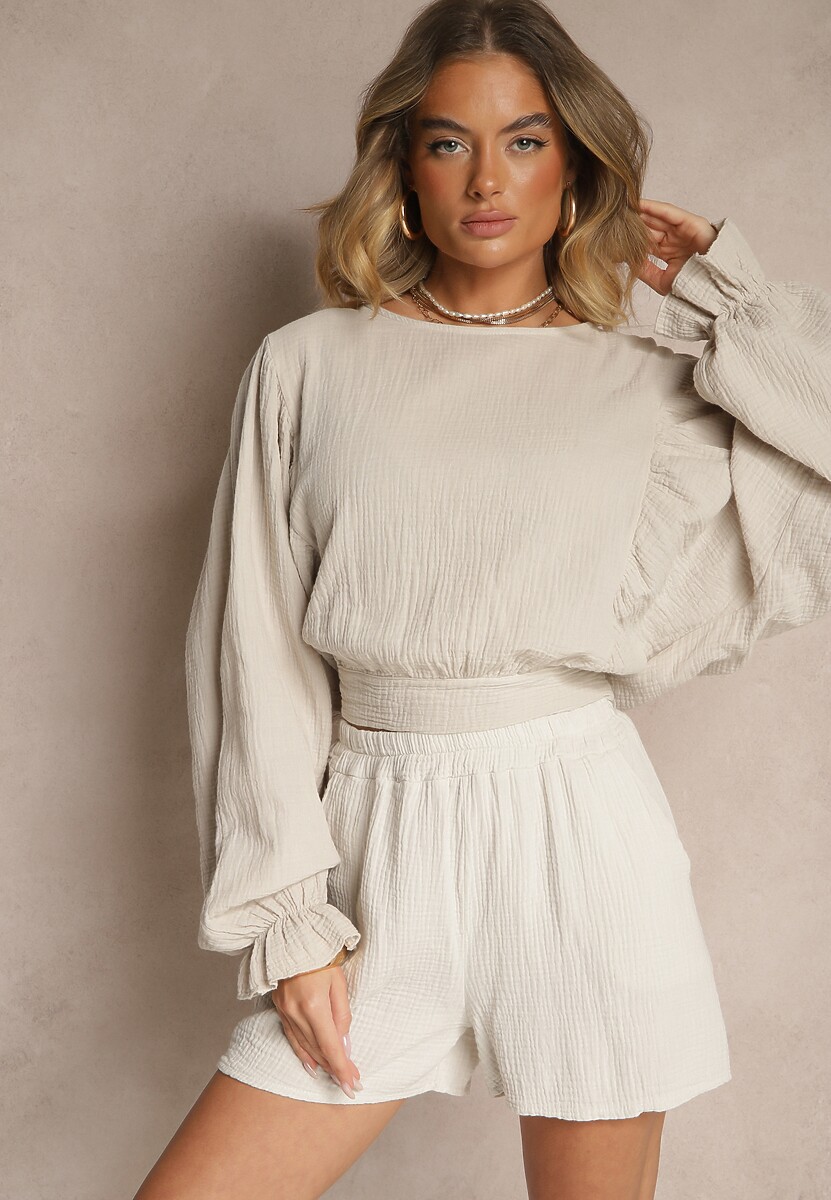 Beżowe Basicowe Szorty z Bawełny High Waist Naldelle