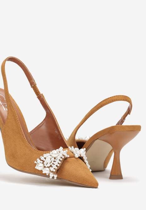 Brązowe Sandały na Szpilce ze Szpiczastym Noskiem i Perłami Capitolina
