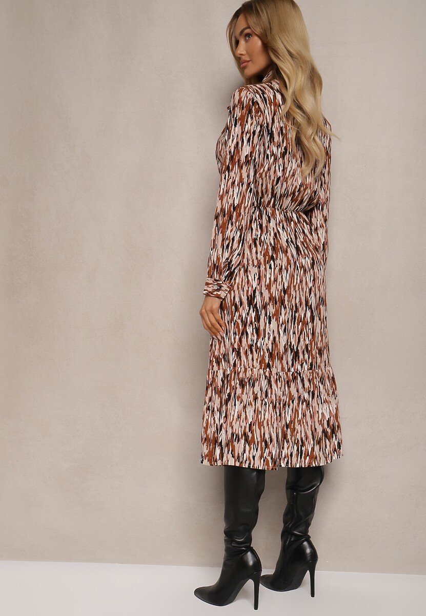 Brązowa Sukienka Midi z Gumką w Pasie i Wiązaniem Zercella