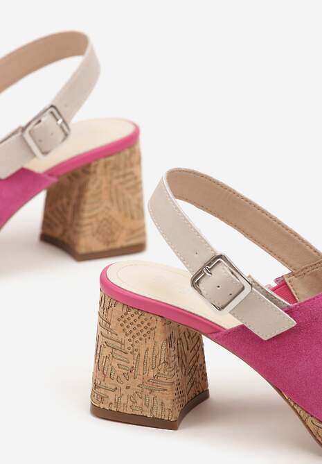Fuksjowe Sandały na Słupkowym Obcasie z Naturalnej Skóry i Zamszu Linomira