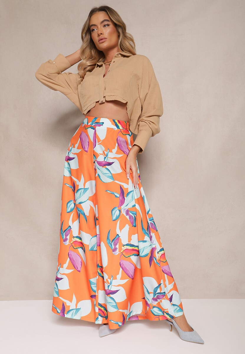 Pomarańczowe Szerokie Spodnie z Wiskozy w Kwiatowy Wzór Sariena