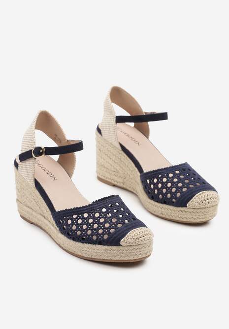 Niebieskie Ażurowe Sandały Espadryle na Plecionym Koturnie ze Skórzaną Wkładką Terreina