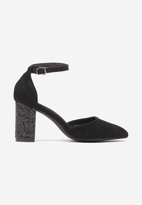 Czarne Eleganckie Czółenka Vices na Słupku Ozdobionym Brokatem ze Skórzaną Wkładką Rianora