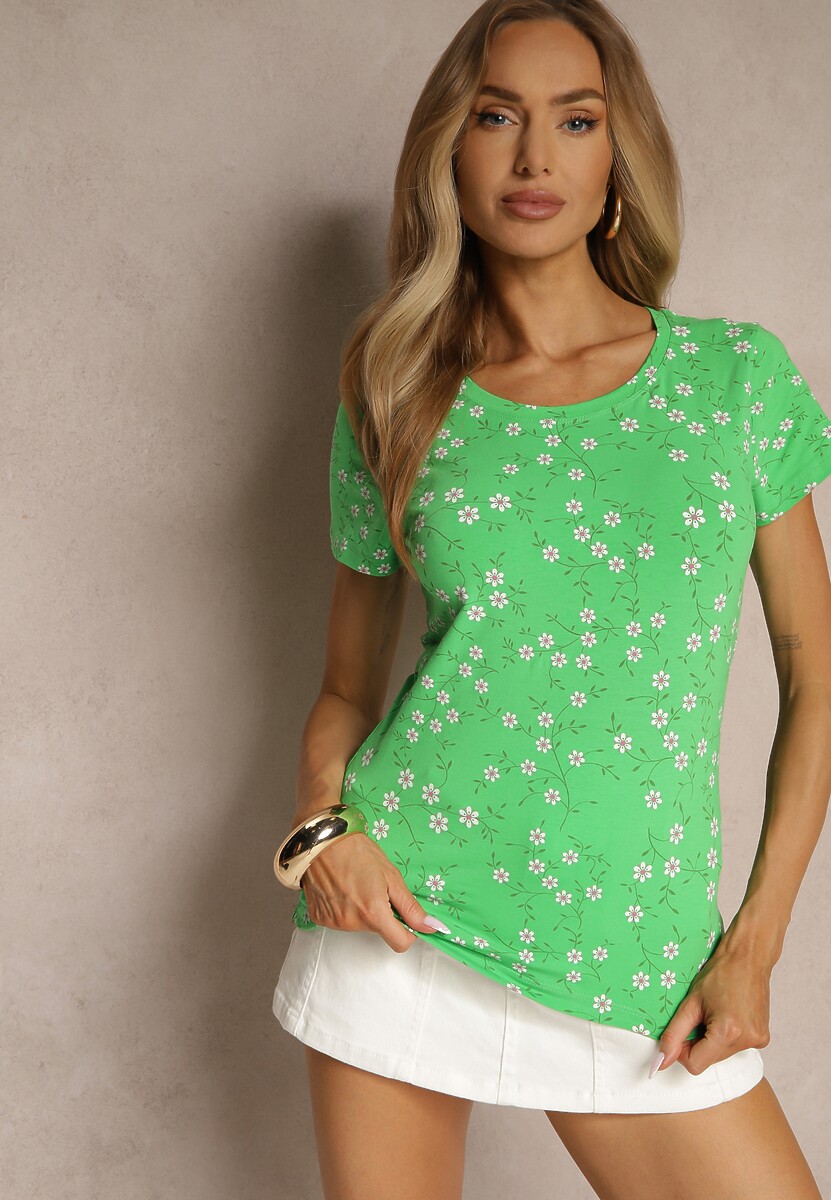 Zielony Bawełniany T-shirt z Kwiatowym Wzorem Savioraie