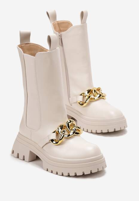 Beżowe Botki Workery na Grubej Podeszwie z Łańcuchem Sylasse
