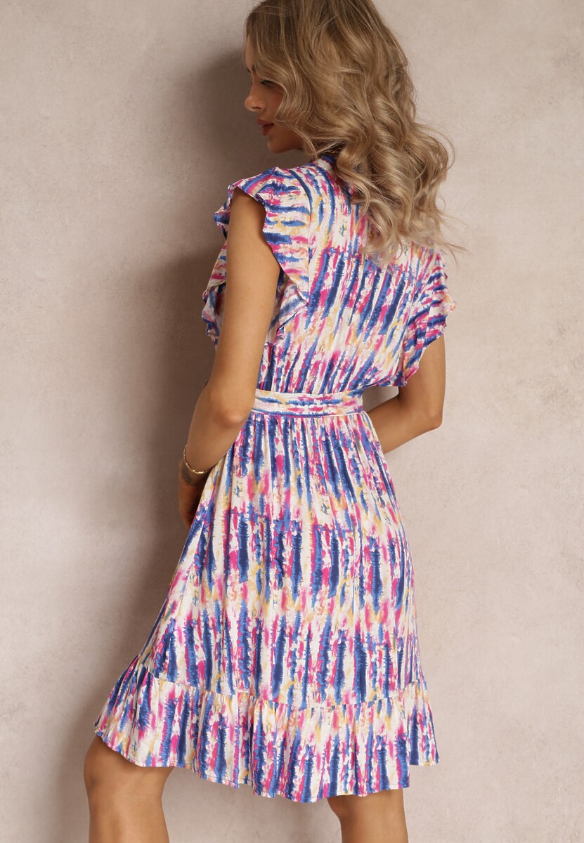 Różowa Sukienka Midi z Wiskozy o Kopertowym Kroju z Gumką w Pasie i Falbankami Aking