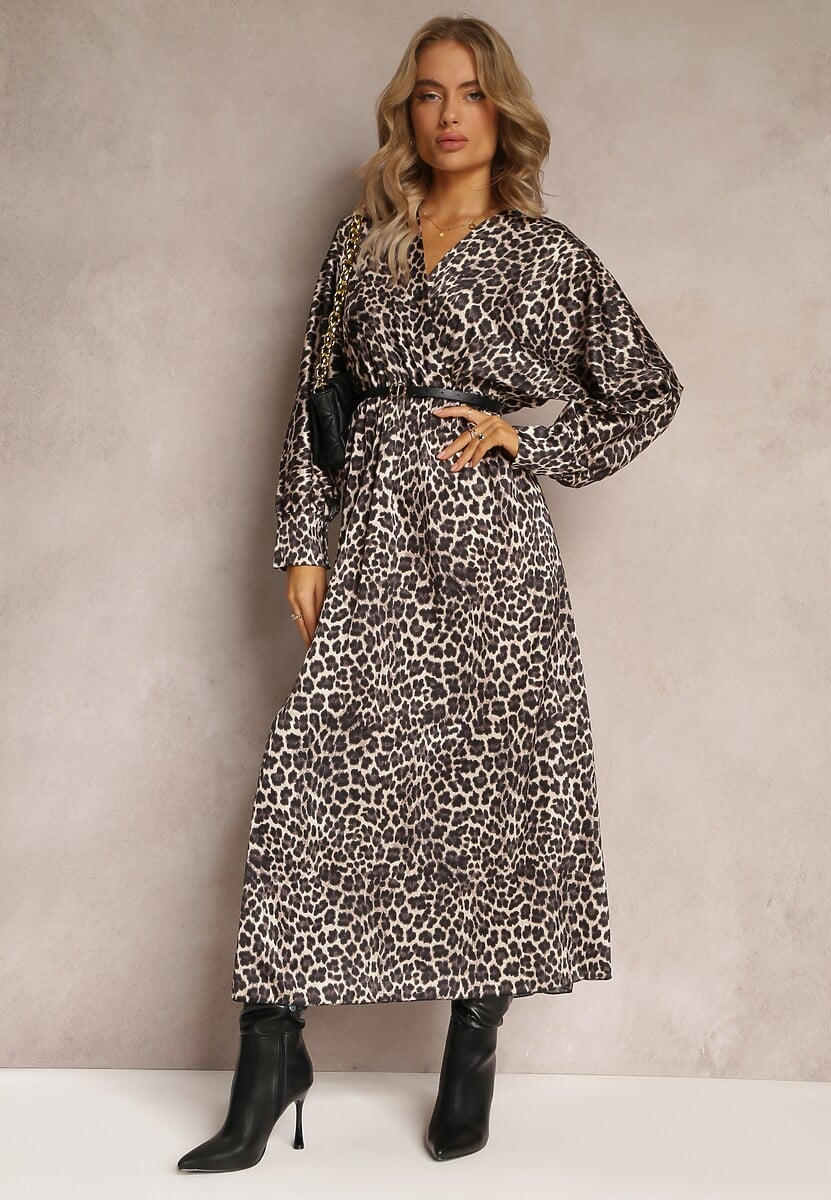 Beżowo-Brązowa Sukienka Rozkloszowana z Gumką w Pasie Philida