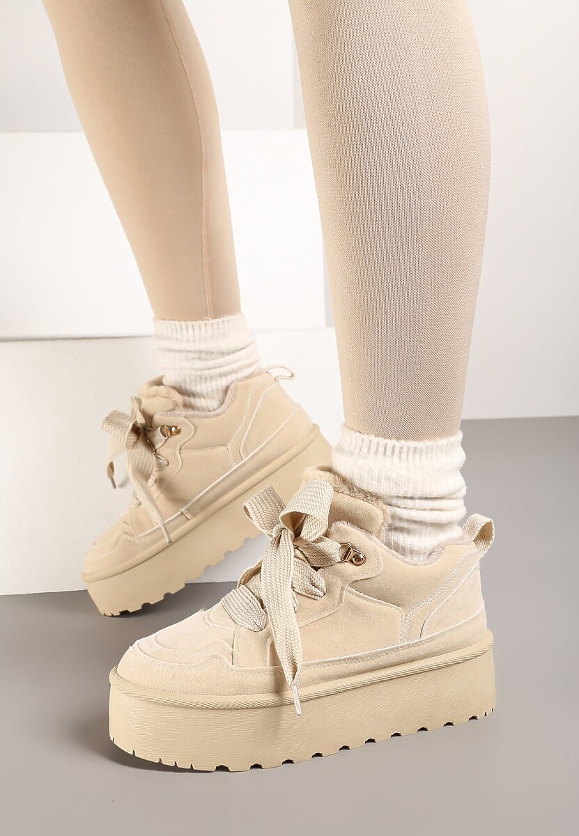Beżowe Sneakersy Vices Stylizowane na Śniegowce na Platformie Obszyte Futerkiem Naleris