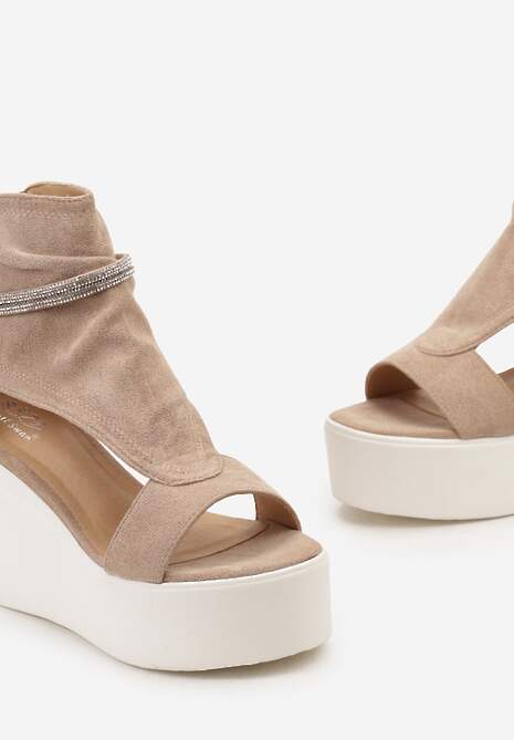 Beżowe Sandały za Kostkę na Platformie z Koturnem Ozdobione Cyrkoniami Gavrela