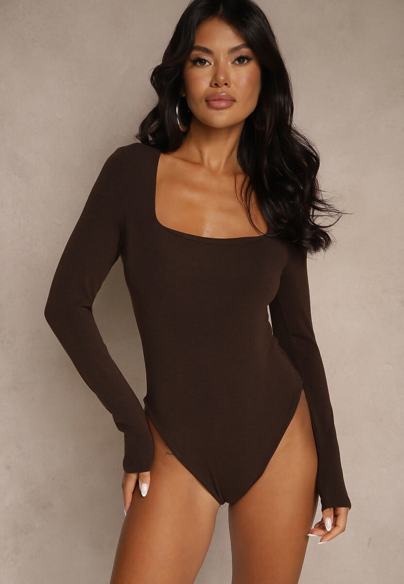 Brązowe Body z Wiskozą i Bawełną Ozdobione Kwadratowym Dekoltem Amerrise