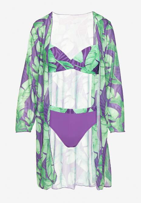 Fioletowo-Zielone Bikini Majtki Figi Biustonosz i Siateczkowa Narzutka Folanisse