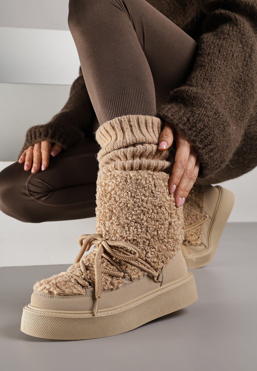 Ciemnobeżowe Śniegowce z Futerkiem Typu Teddy Allere