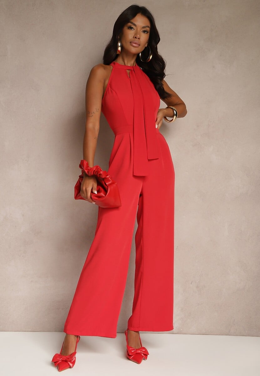 Czerwony Kombinezon Wide Leg z Ozdobnym Wiązaniem przy Szyi Silelia