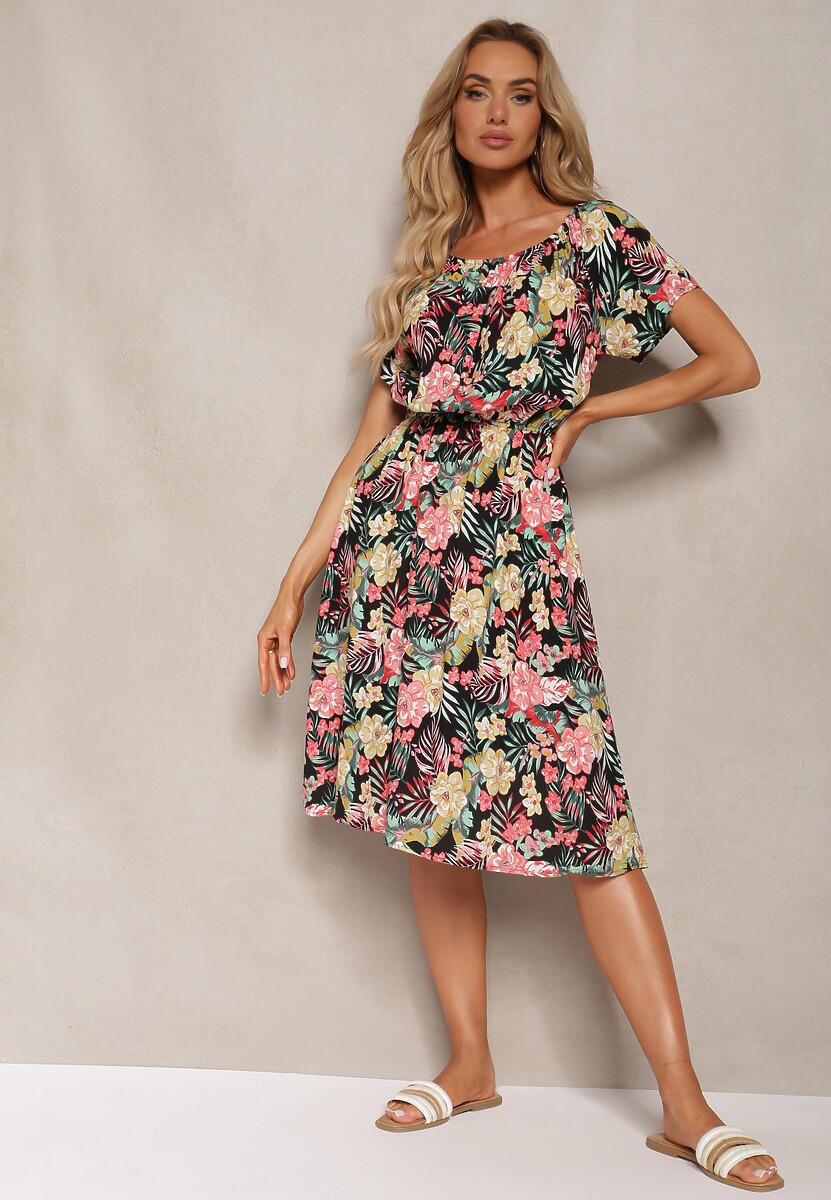 Czarn-Różowa Sukienka z Bawełny w Kwiatowy Print Dimizama