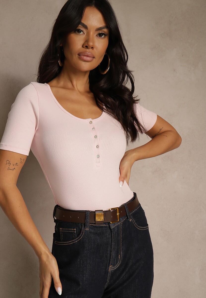 Ciemnoszary Bawełniany T-shirt Prążkowany z Guzikami Florvivi