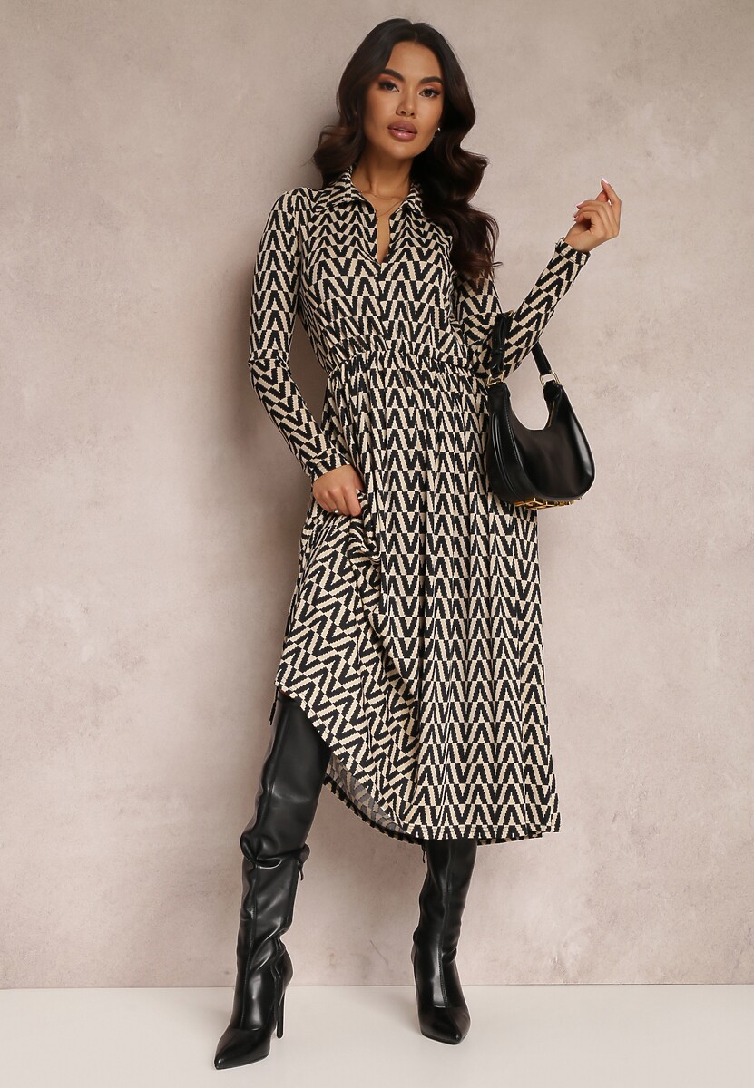 Beżowo-Czarna Sukienka Rozkloszowana w Tygrysie Paski Chipha