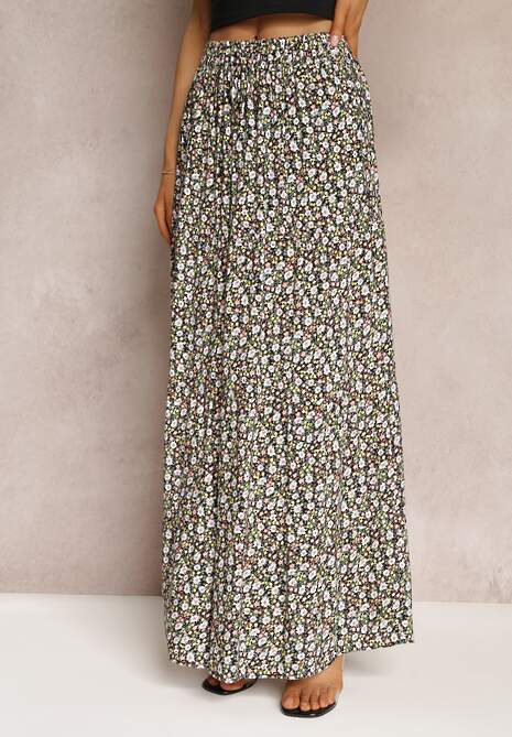 Czarna Rozkloszowana Spódnica Maxi w Kwiaty Dethuj