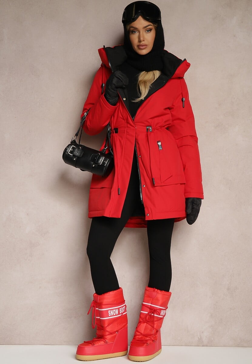Czerwona Kurtka w Stylu Parki ze Ściągaczem i Kapturem Semelora
