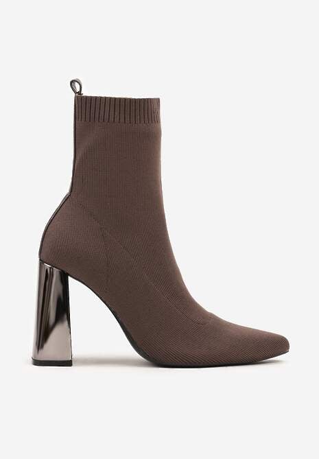 Brązowe Botki Vices na Słupku ze Skarpetową Cholewką Falacesa