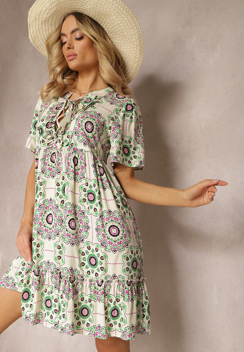 Czerwona Sukienka z Wiskozowej Tkaniny w Mozaikowy Wzór Boho Naviera