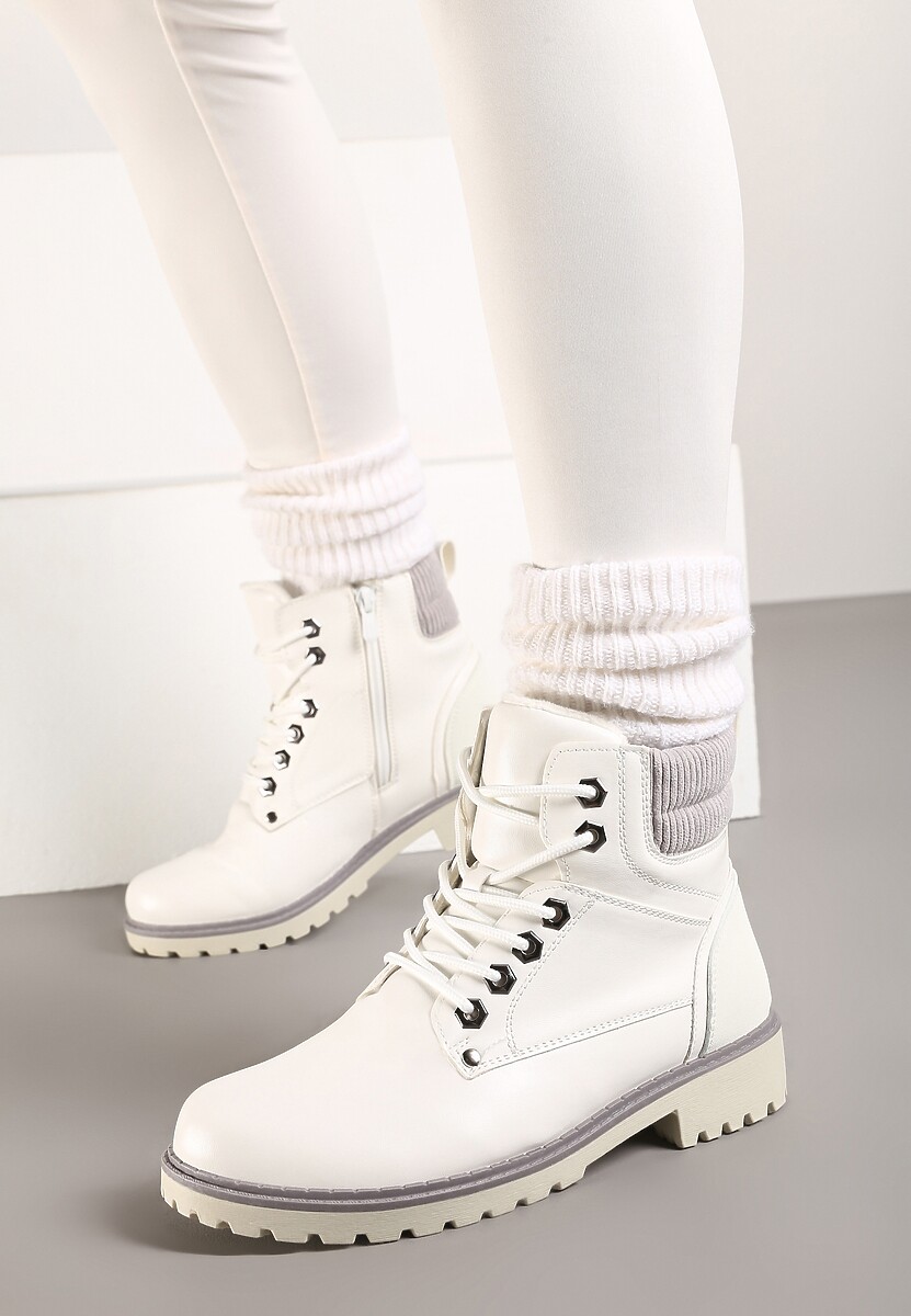 Białe Sznurowane Casualowe Traperki na Płaskiej Podeszwie Relobia