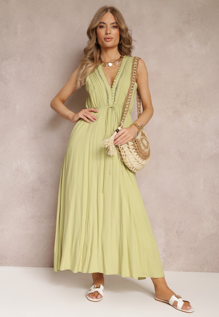 Zielona Rozkloszowana Sukienka Maxi z Gumką w Talii i Ozdobnymi Guzikami z Wiskozy Vianna