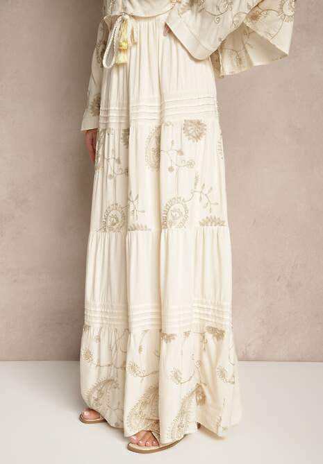 Beżowy Wiskozowy Komplet Boho z Koszulą o Nietoperzowym Kroju i Spódnicą Separia