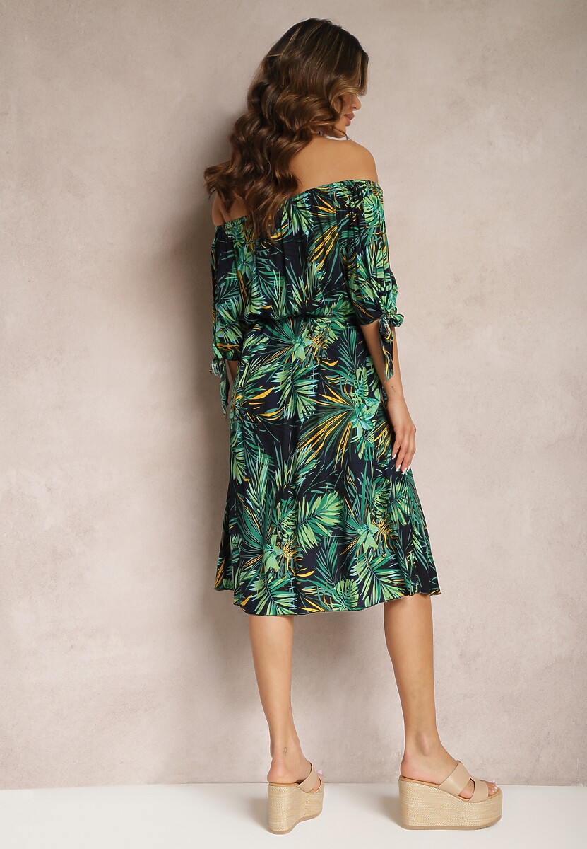 Granatowo-Zielona Sukienka Hiszpanka Bawełniana z Materiałowym Paskiem Wiązana przy Rękawach Daritia