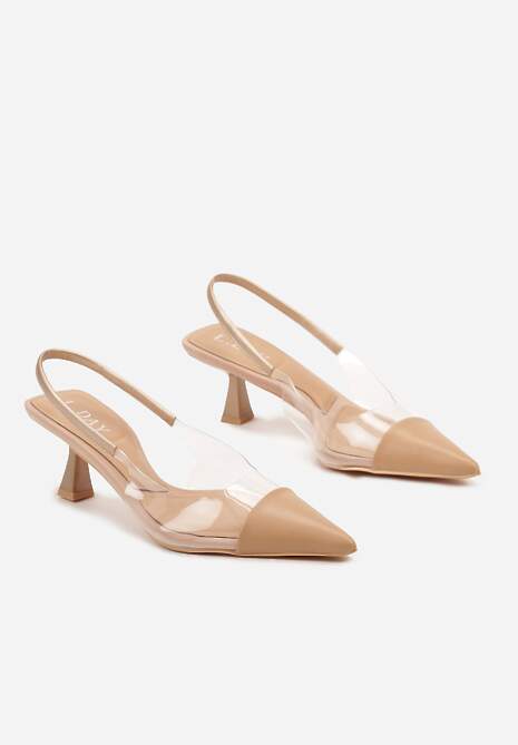 Szampańskie Sandały z Imitacji Skóry na Obcasie Typu Kaczuszka z Przezroczystymi Elementami Gravia