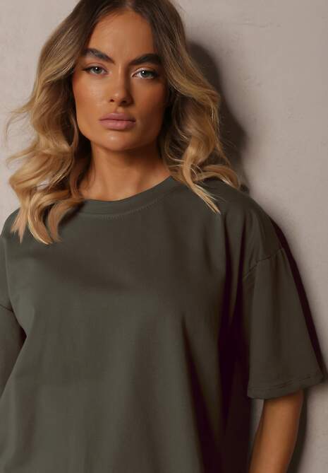 Ciemnozielony Komplet z Bawełny Proste Szerokie Spodnie z Gumką w Pasie Bluzka z Rozcięciami Vimarases