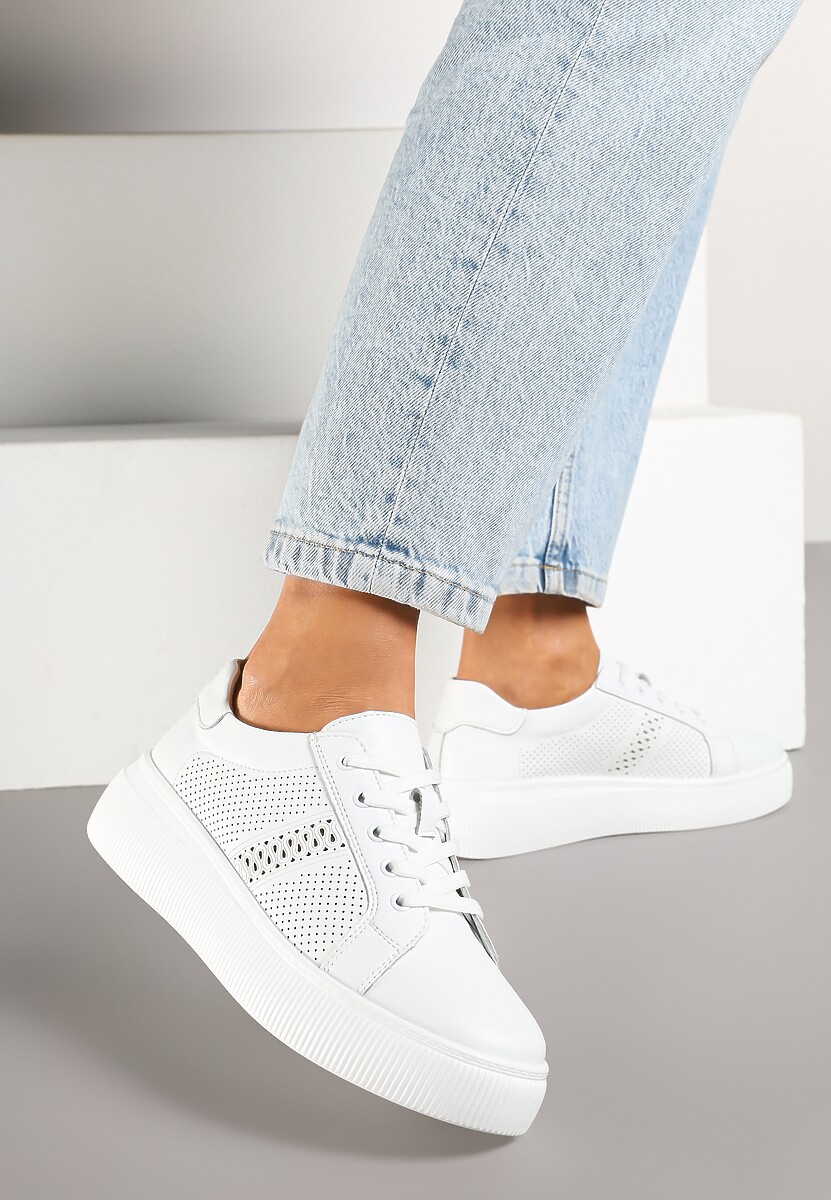 Białe Płaskie Ażurowe Sneakersy ze Skóry Naturalnej i Skórzaną Wkładką Lavili