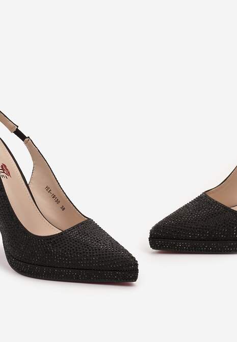 Czarne Satynowe Sandały na Szpilce i Grubej Podeszwie z Ozdobnymi Cyrkoniami Lenaqia