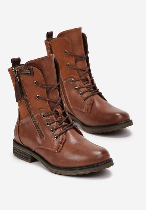Brązowe Botki Sznurowane z Zamkiem Hiyab