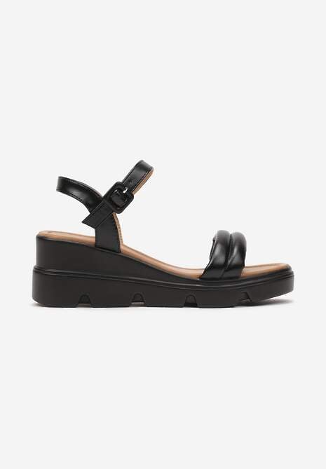 Czarne Sandały z Ekoskóry Zapinane Przy Kostce na Koturnie Gazina