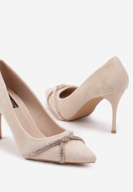 Beżowe Szpilki z Ekozamszu z Cyrkoniowymi Paseczkami Merithrae