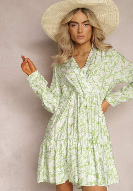 Zielono-Biała Kopertowa Sukienka Mini z Falbanką i Ozdobnym Printem Oletia