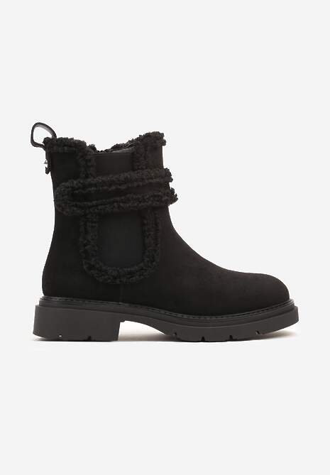 Czarne Ekozamszowe Botki Typu Sztyblety z Ozdobnymi Futrzanymi Wstawkami Inavelia