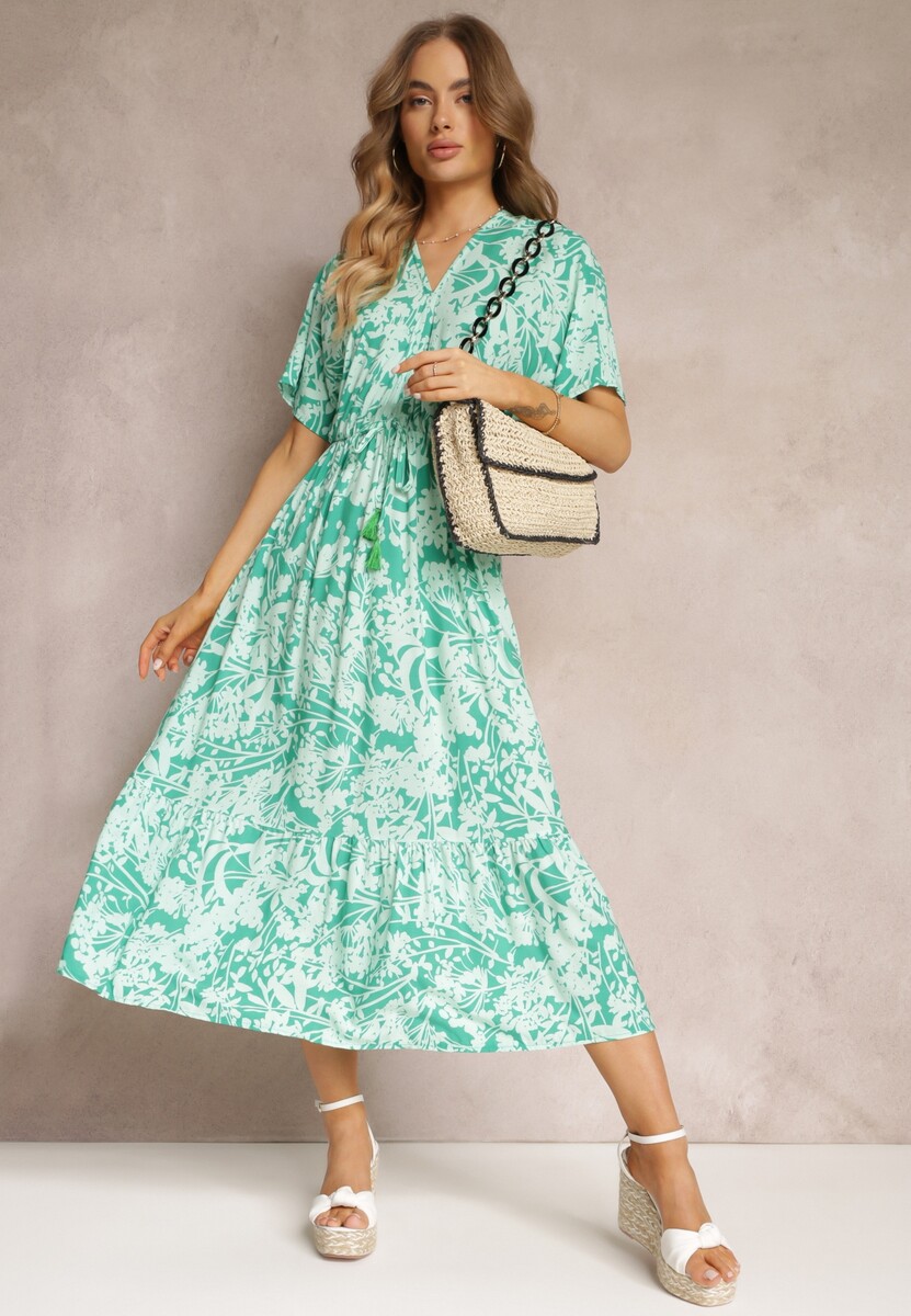 Miętowo-Zielona Rozkloszowana Sukienka w Kwiaty z Falbaną Humina