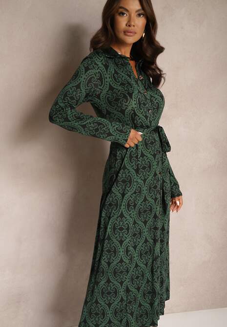 Zielona Wzorzysta Sukienka z Wiskozą o Koszulowym Kroju Ozdobiona Wiązanym Paskiem Evelitha