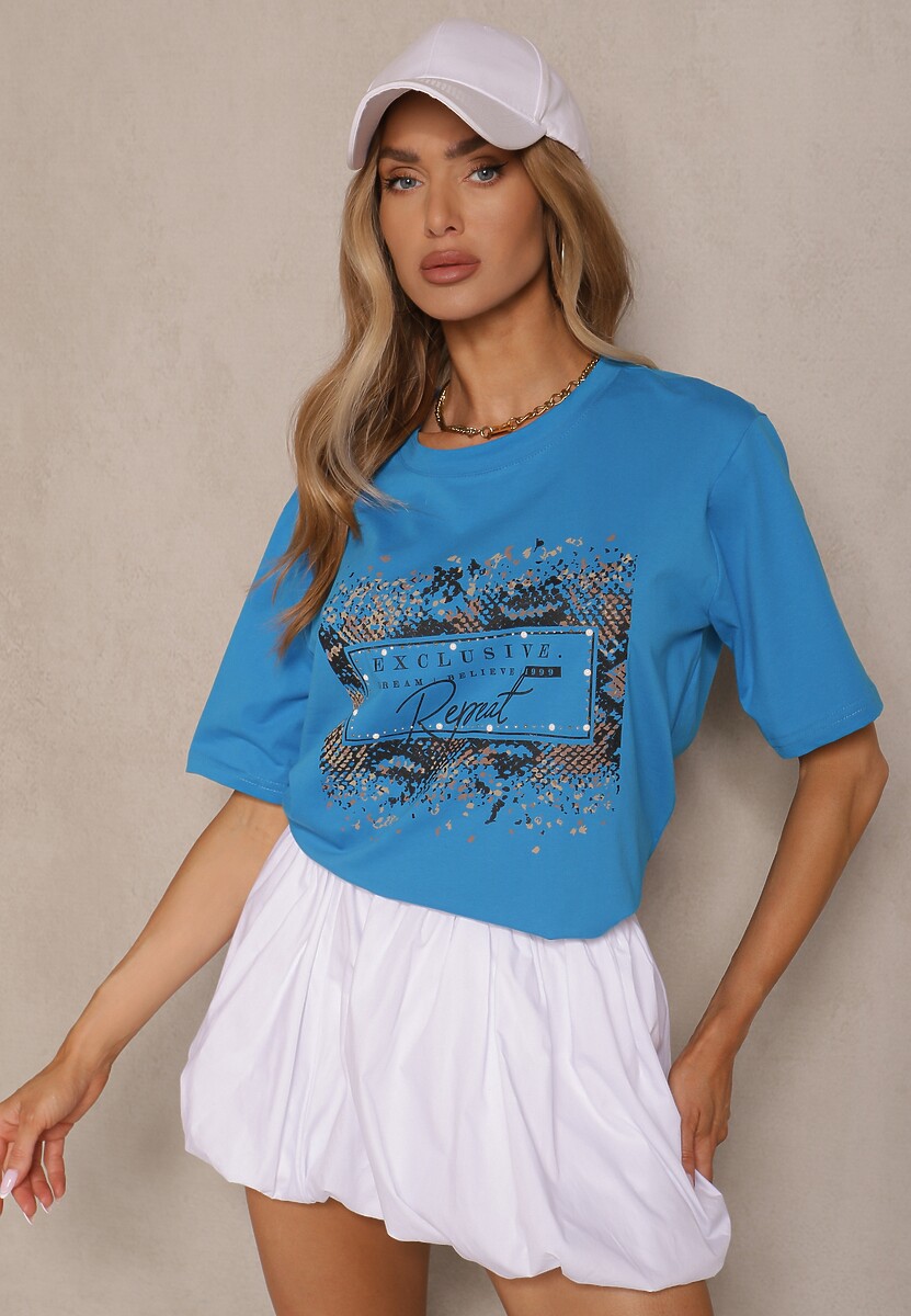 Niebieski T-shirt z Bawełny Zdobiony Nadrukiem z Cyrkoniami Idelunea