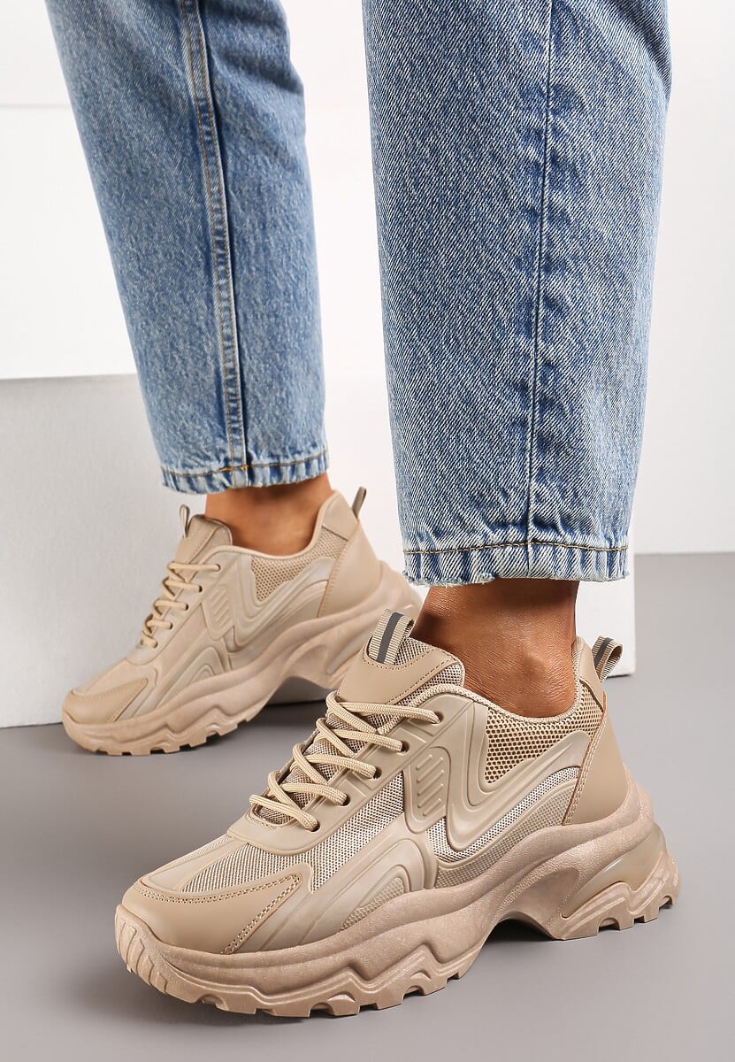 Ciemnobeżowe Sneakersy z Grubą Podeszwą ze Sznurowaniem i Siateczkowymi Wstawkami Lenivia