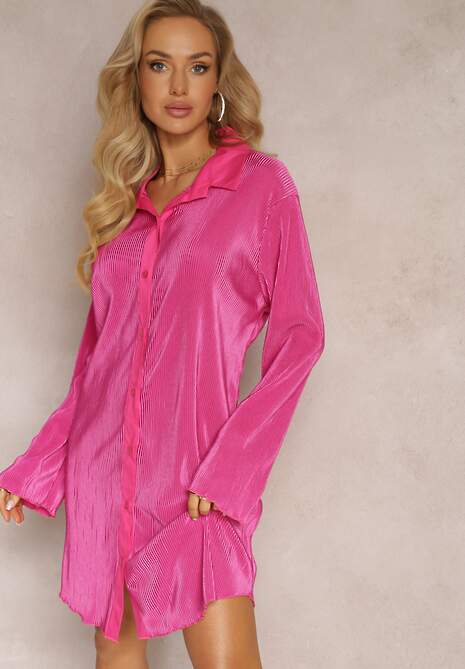 Fuksjowa Koszulowa Sukienka Mini Udekorowana Plisowaniem Culven