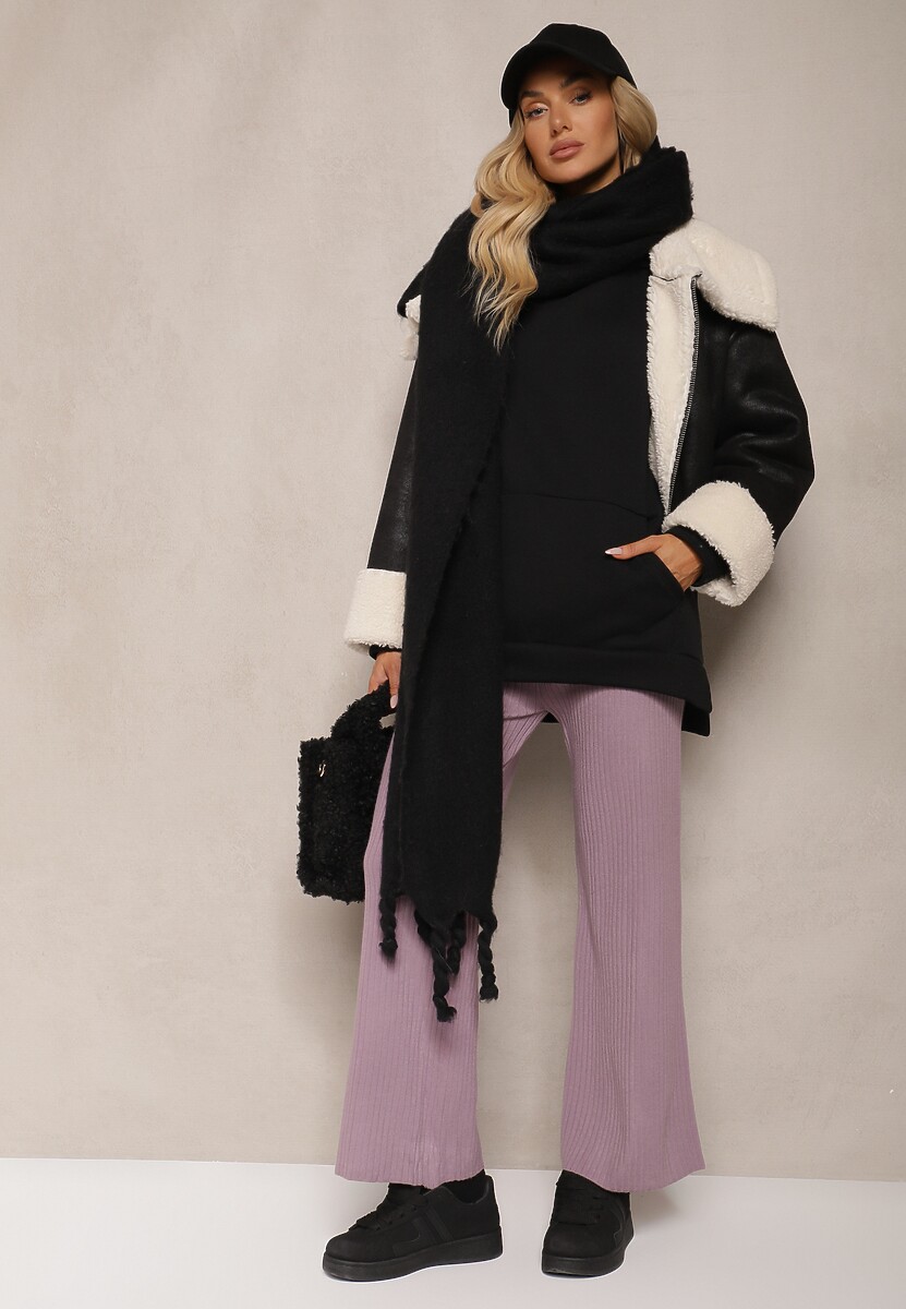 Fioletowe Dzianinowe Spodnie w Prążki z Gumką w Pasie i Szerokimi Nogawkami Florresta