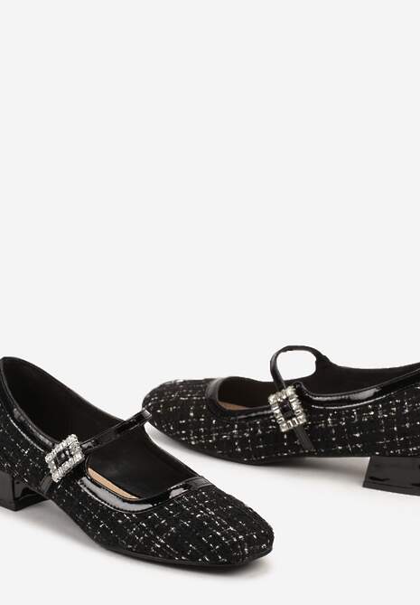 Czarne Czółenka Tweedowe na Słupku w Stylu Mary Jane Ozdobione Lakierowanymi Wstawkami Valentta