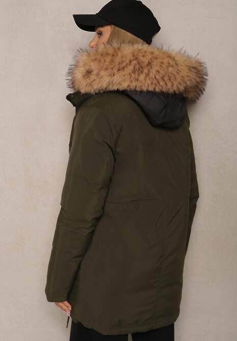 Zielona Kurtka Parka Ściągana w Talii z Podwójnym Suwakiem i Kapturem z Futrem Edrieth